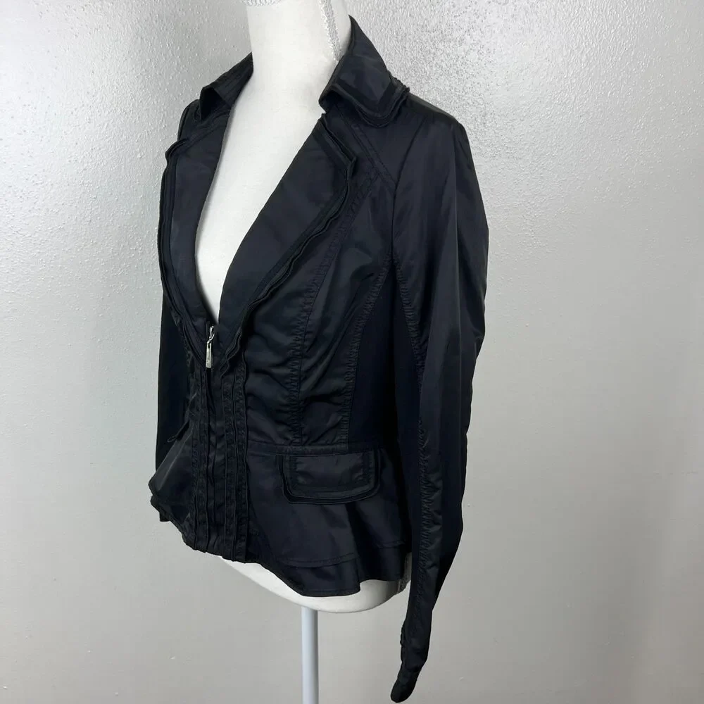 White House Black Market Blazer Women 8 Black Zip Long Sleeve Jacket Mixed Media